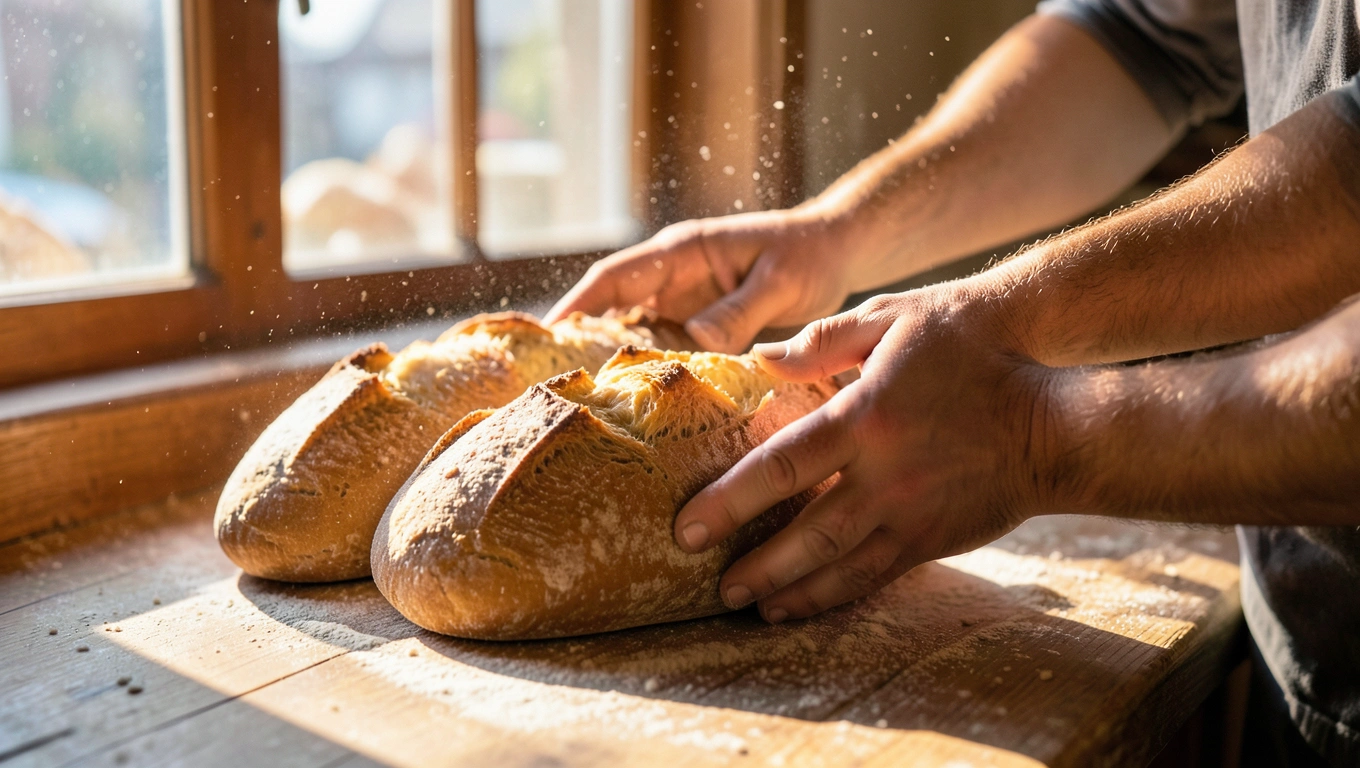 Boulanger présentant un pain doré tout juste sorti du four