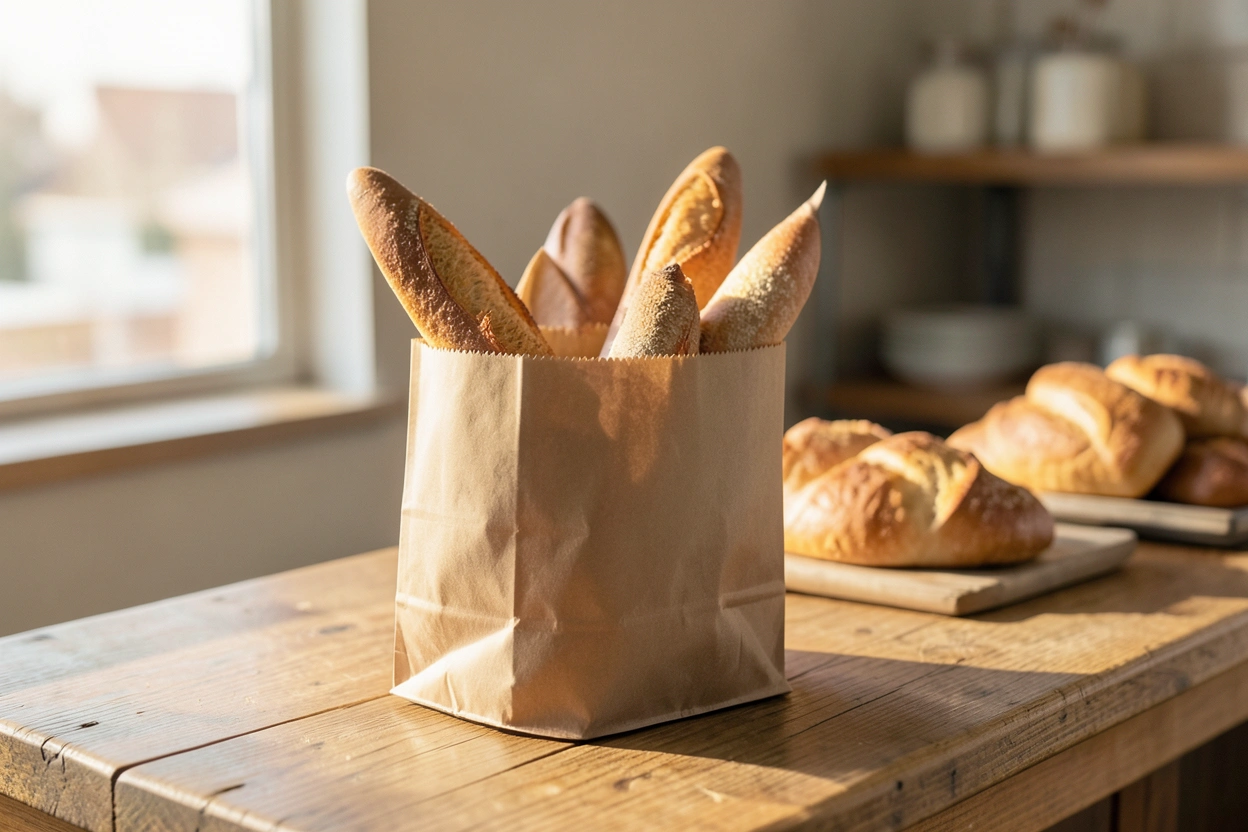 Sac de pain kraft prêt à emporter sur comptoir bois